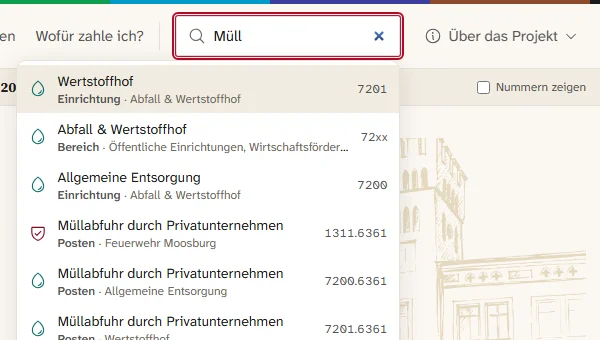 After: The same query, “Müll” (rubbish). Before: nothing. After: depot, waste and disposal, each with kind, place and number.