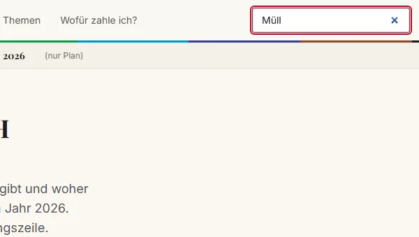 Before: The same query, “Müll” (rubbish). Before: nothing. After: depot, waste and disposal, each with kind, place and number.